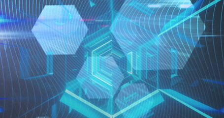 Poster - Digital image of blue glowing tunnel against hexagonal shapes on blue background