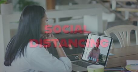 Poster - Image of social distancing text over woman using laptop on image call