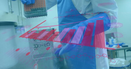Poster - Image of digital interface statistics and hands of scientist using equipment in lab