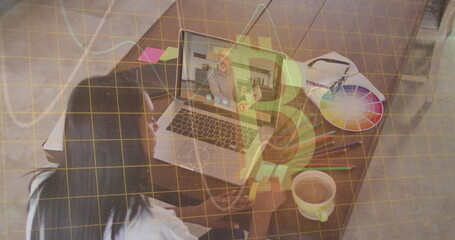 Poster - Heart rate monitor against woman having a image call with male colleague on laptop at office