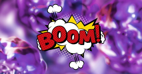 Poster - Image of boom text in red letters in retro speech bubble over glowing purple background