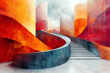 Poster - A vibrant, abstract architectural design featuring swirling paths and colorful structures under a dramatic sky.