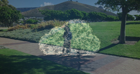 Poster - Image of cloud made of connections over woman walking with scooter in a park