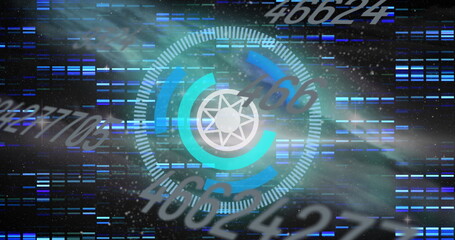 Poster - Multiple changing numbers over round scanner against mosaic squares on black background