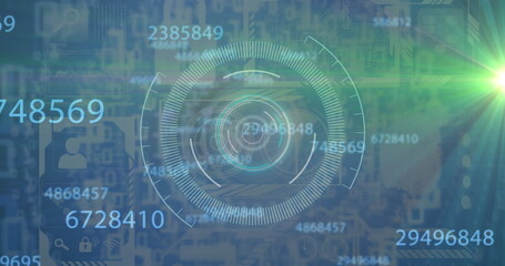 Poster - Multiple changing numbers and green spot of light against round scanner