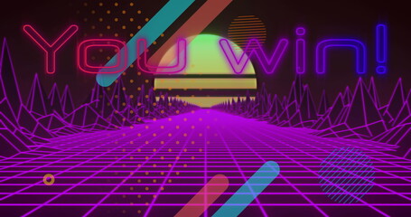 Poster - Image of you win text over colourful grid with digital terrain