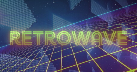 Poster - image of retrowave text over a grid and multiple floating arrows