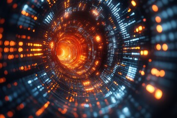 Poster - Abstract digital tunnel showcasing vibrant lights and patterns, representing futuristic concepts and technological advancements.