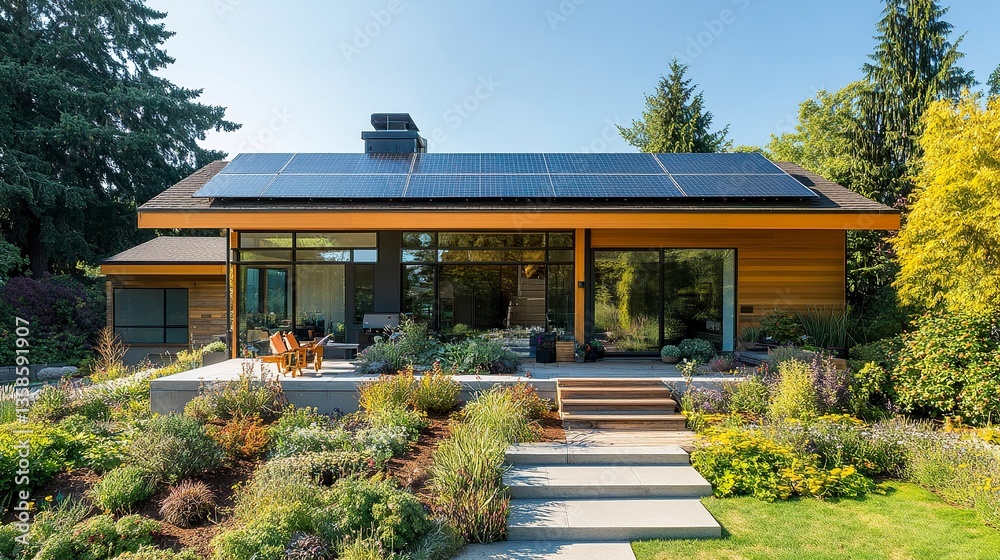 A modern passive house with energy-efficient solar panels on its gable ...