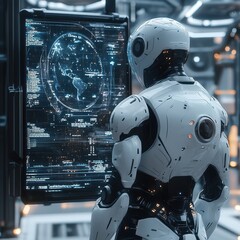 Fototapete - Futuristic robot analyzing data on a holographic display in a high-tech environment.