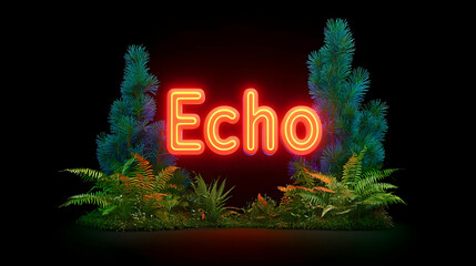 Poster - Bright Neon Echo Sign Surrounded by Lush Tropical Plants and Foliage
