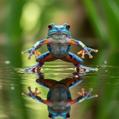 Wall Mural - colorful tree frog with red eyes on water.
