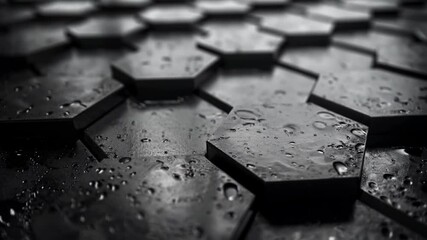 Poster - Rainfall on hexagonal tile surface with dynamic water reflection and movement
