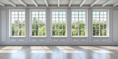 Poster - Sunlit empty room with elegant moldings and a panoramic view of nature