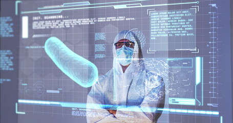 Poster - Image of scientist standing behind interactive screen with medical data processing