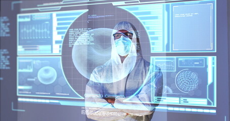 Poster - Image of male scientist behind interactive computer screen with medical data processing