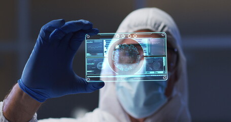 Poster - Image of male scientist holding interactive screen with medical data processing