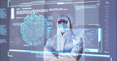Poster - Image of male scientist behind digital screen with covid 19 cell and medical data
