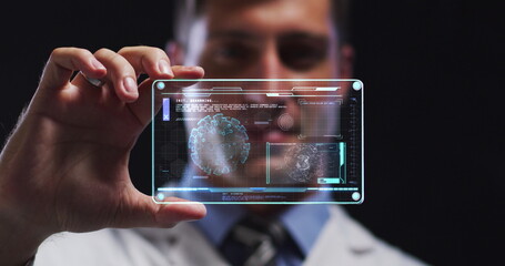 Poster - Image of male scientist holding digital screen with covid 19 cell