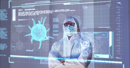 Poster - Image of male scientist behind digital screen with covid 19 cell and medical data