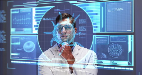 Poster - Image of male scientist behind digital screen with covid 19 cell and medical data
