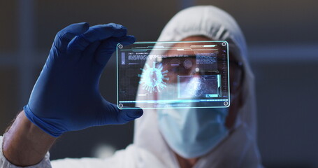 Poster - Image of male scientist holding digital screen with covid 19 cell