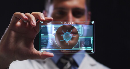 Poster - Image of male scientist holding digital screen with covid 19 cell