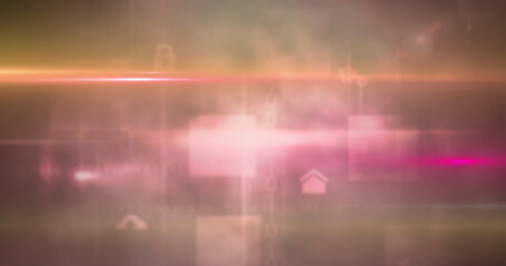 Poster - Colorful light trails against square shapes and digital icons on dark background