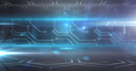 Poster - image of circuit board elements with network of hexagons and glowing lights