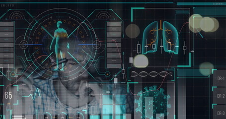 Poster - Digital interface with medical data processing against stressed man using computer