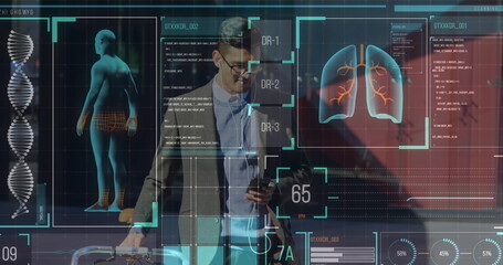 Poster - Digital interface with medical data processing against man with trolley bag using smartphone