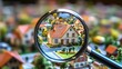 © THUA - A magnifying glass highlighting a small model home in a neighborhood of miniature buildings, representing housing market exploration for buying or renting