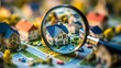© THUA - A magnifying glass highlighting a small model home in a neighborhood of miniature buildings, representing housing market exploration for buying or renting