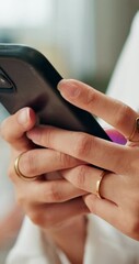 Poster - Typing, phone and hands of business woman for networking, social media and internet for emails. Professional, corporate and worker on smartphone for connection, contact and online communication