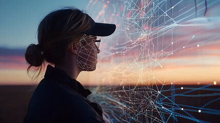 Poster - Exploring digital innovation woman engaged in technology sunset landscape visual art futuristic perspective