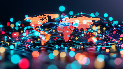 Poster - global data connectivity visualization digital world map graphic design colorful network environment