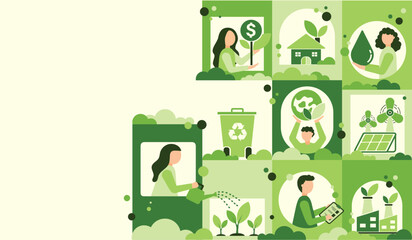 Fototapete - World environment and sustainable development concept with ecology icons template vector flat design, eco friendly and green technology. ESG for business and organization. Net zero and carbon neutral