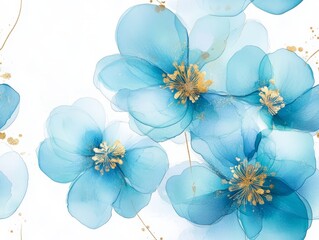Poster - Beautiful blue floral design featuring delicate blossoms with gold accents on a light background