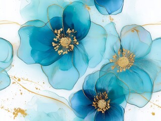 Poster - Beautiful watercolor flowers in shades of blue with gold accents on a white background for elegant decor