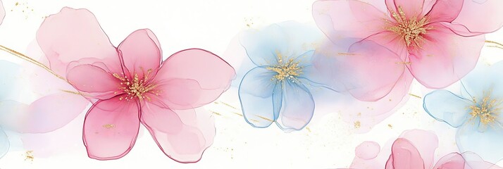 Poster - Colorful floral watercolor design featuring delicate pink and blue blossoms on a white background