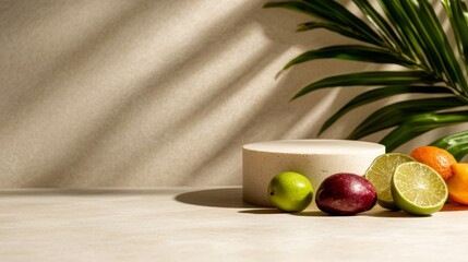 Poster - An abstract white stone podium is accompanied by fresh fruits and soft shadows from leaves, creating a serene and elegant atmosphere in the setting