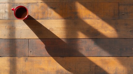 Aufkleber - Single red coffee cup rests on a rustic wooden table, illuminated by warm sunlight streaming through a window, casting gentle shadows that evoke calm