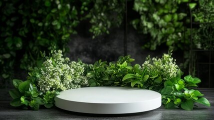 Poster - A clean white podium is surrounded by delicate spring flowers in a vibrant green garden, elegantly highlighted by soft natural lighting on a bright day