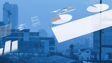 Poster - Urban cityscape with abstract geometric shapes and charts creating animation effect