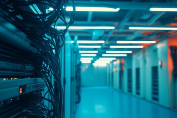 Poster - This overhead shot shows an outdated server rack cluttered with tangled cables, illuminated by dim, flickering fluorescent lights in a data center
