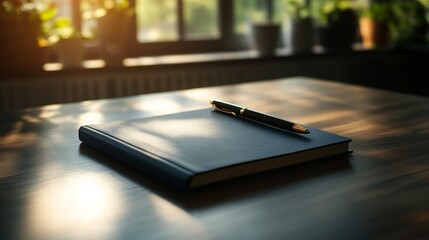 Poster - An open notebook lies next to a sleek black pen on a smooth surface. Intricate leaf shadows create patterns in the filtered natural light, enhancing the calm atmosphere