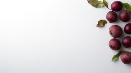 Aufkleber - Vibrant beets are artistically arranged with fresh green leaves on a clean white surface, illuminated by soft natural light, creating an appealing product composition