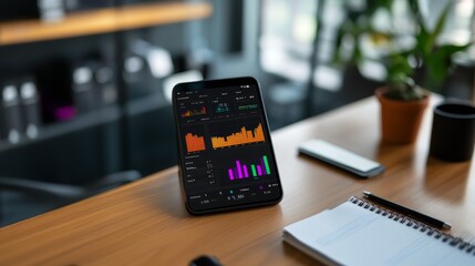 Aufkleber - Smartphone showcases a colorful KPI dashboard with analytics while an office environment features a blurred desk, notepad, and pen for a productive atmosphere