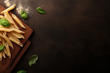 Poster - A pile of penne pasta rests on a wooden board lightly dusted with semolina. Fresh basil leaves surround the pasta, creating a vibrant and inviting culinary composition