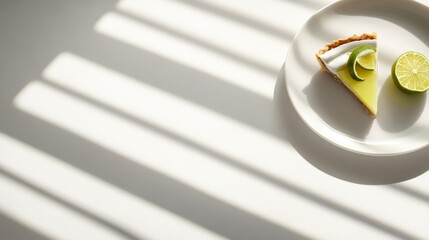 Fototapete - Key lime pie slice garnished with lime twist placed beside a lemon tart on a glossy white plate, showcasing minimalistic design with clear space for elegant presentation